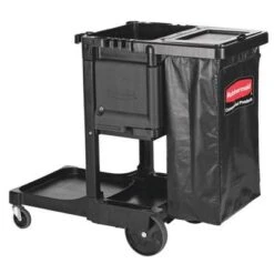 Rubbermaid Cleaning Cart: Shelf Count 3, Black, 34 Gal Trash Bag Capacity