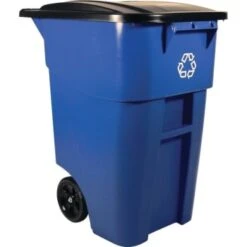 Rubbermaid 50 Gal Blue Rectangular Recycling Rollout Container W/ Lid, (2-Pack)